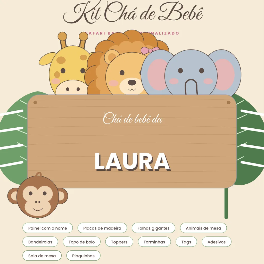 Capa do material Kit Chá de Bebê Safari Personalizado: Laura (rosa)