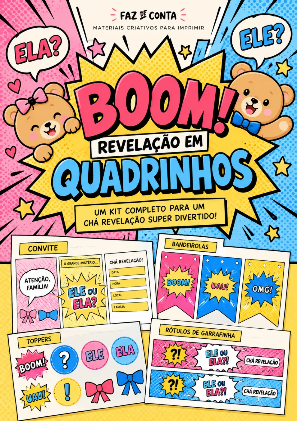 Capa do material Kit Pop BOOM! — Chá Revelação em Quadrinhos