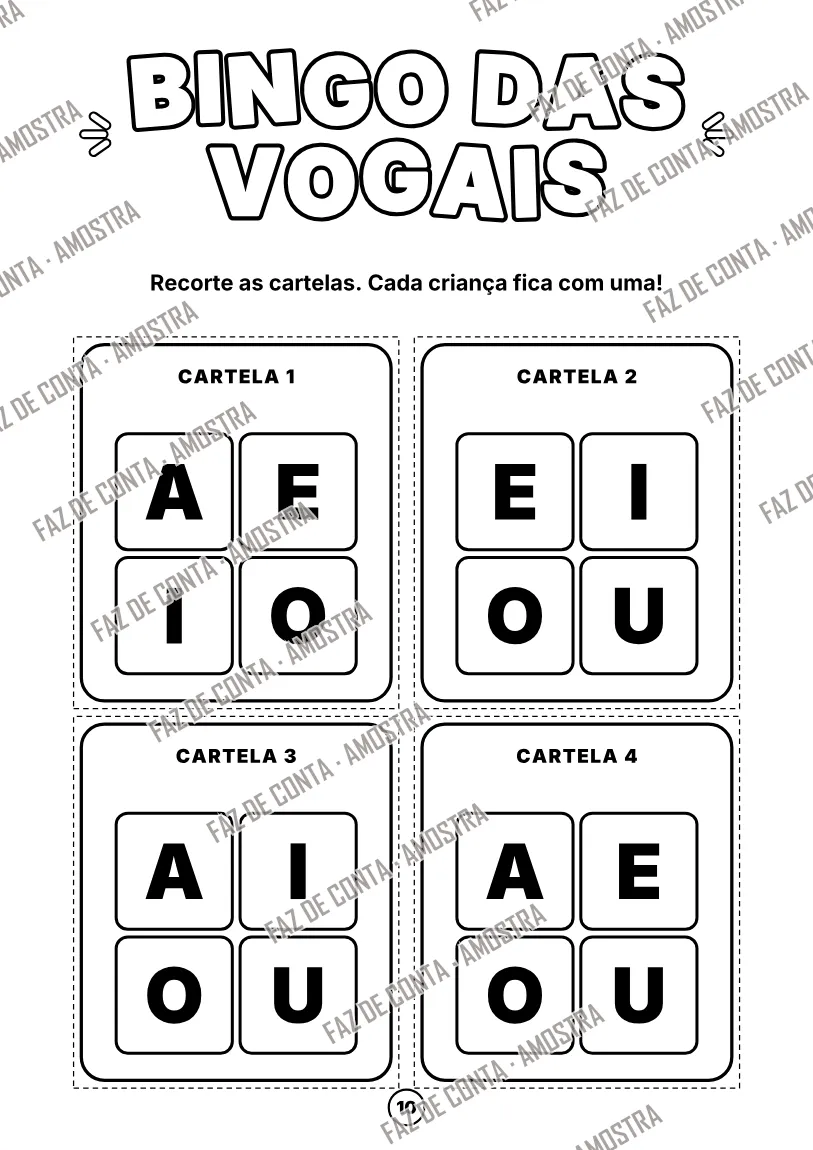 Amostra da página 10 — Cartelas do Bingo das Vogais